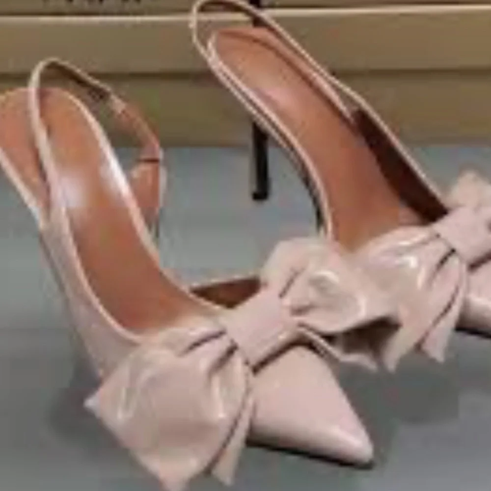 ZARA BEIGE PATENT POINTED-TOE SLINGBACK HEELS W/ LARGE BOWS SHOES EU39 US 8-8.5